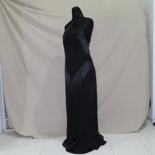 Load image into Gallery viewer, Black satin type asymmetrical patterned long halter dress (M)
