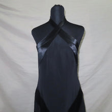 Load image into Gallery viewer, Black satin type asymmetrical patterned long halter dress (M)
