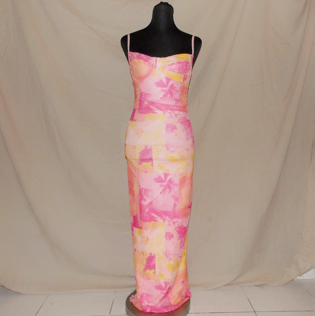 Pink floral ruched long dress (S)