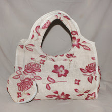 Load image into Gallery viewer, Floral burlap tote bag w/ matching coin purse
