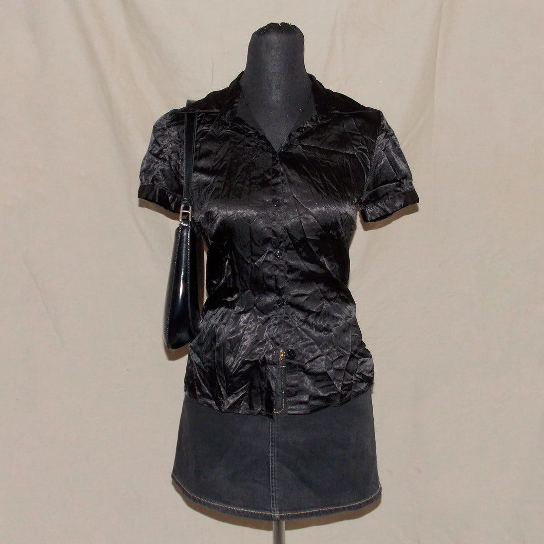 Black satin type button up (S)