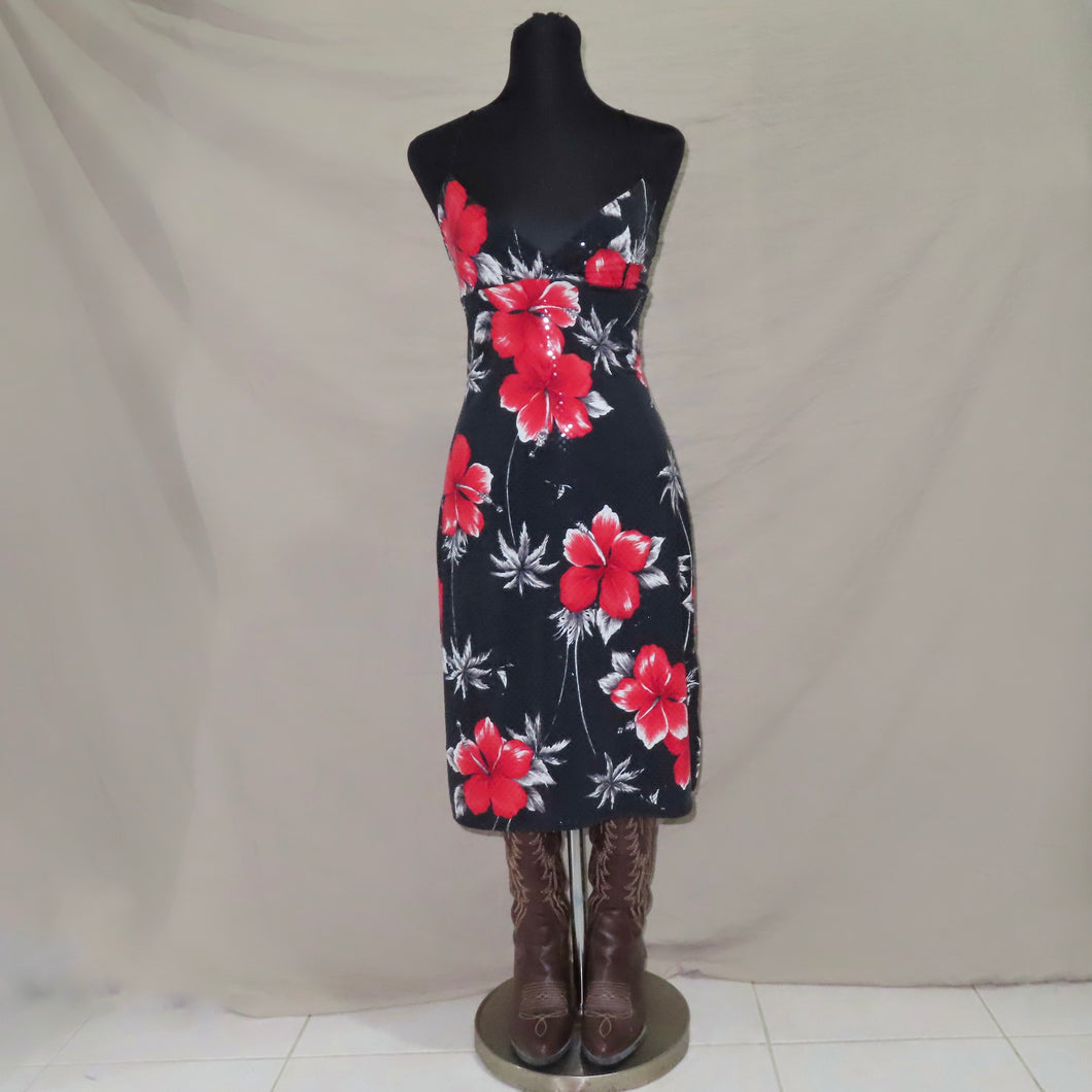 Bedazzled polka dot floral v-cut midi dress (S)