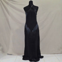 Load image into Gallery viewer, Black satin type asymmetrical patterned long halter dress (M)

