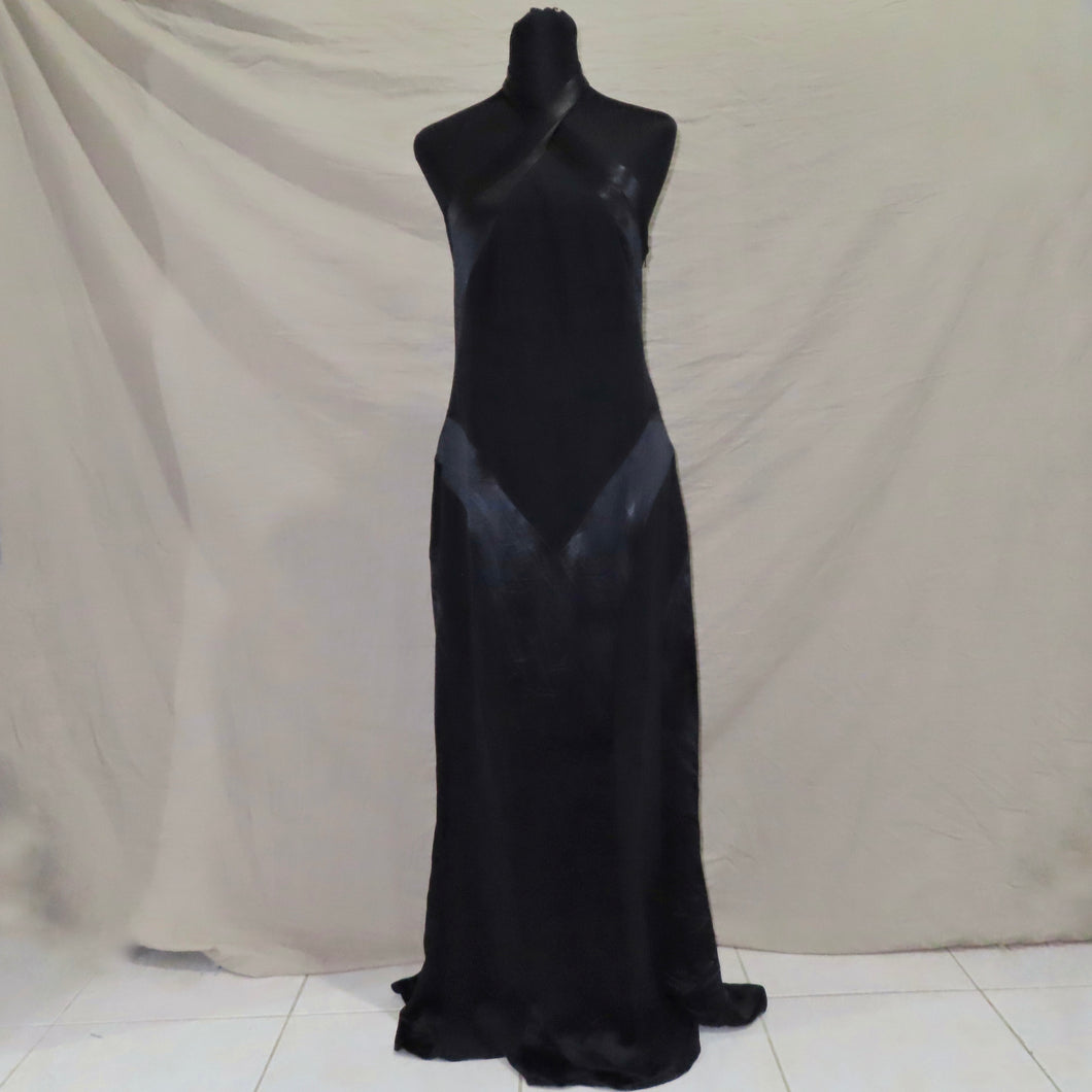Black satin type asymmetrical patterned long halter dress (M)