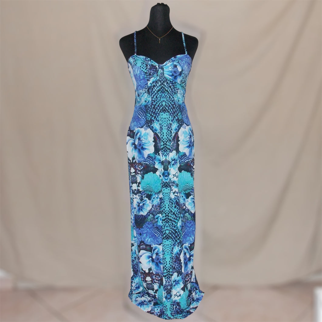 Lipsy London floral patterned blue long dress (S)
