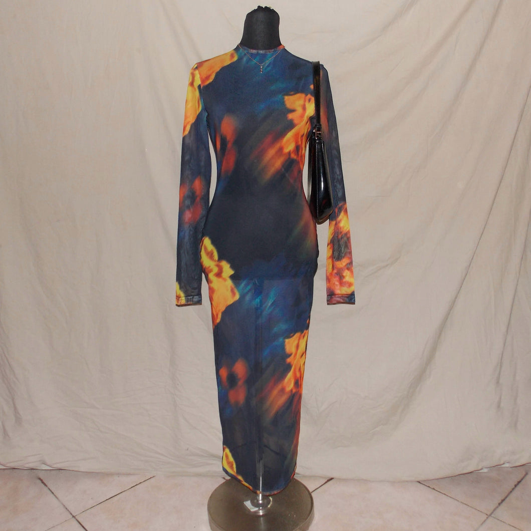 Skin tight mesh Meshki floral patterned long dress (S)
