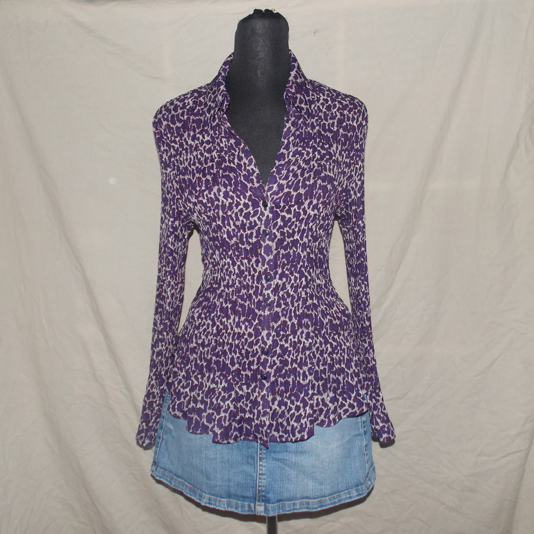 Purple cheetah print ruched mesh top (S)