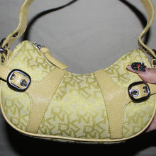 Load image into Gallery viewer, Vintage DKNY monogram lime green buckle baguette shoulder bag
