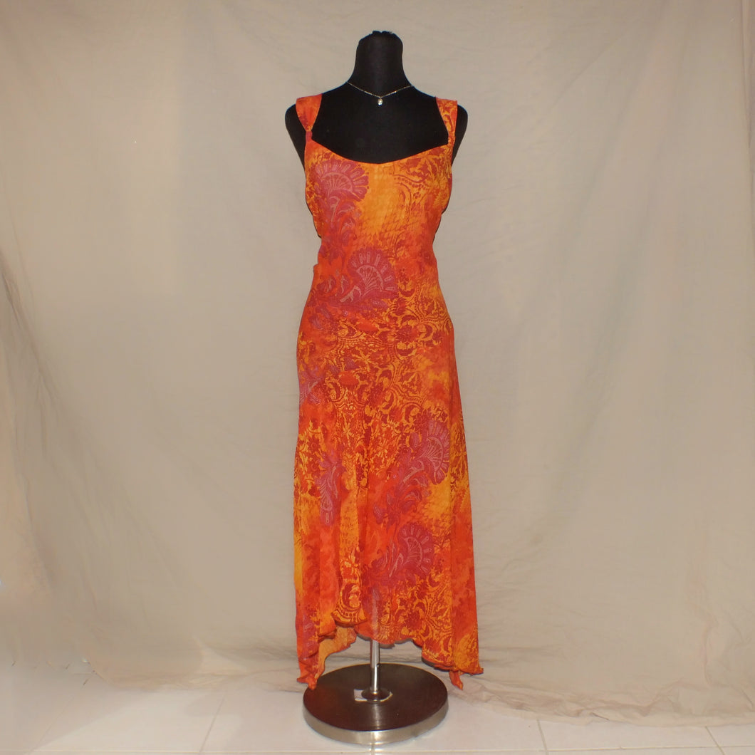 Peruna floral boho orange asymmetrical midi dress (M)