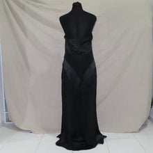 Load image into Gallery viewer, Black satin type asymmetrical patterned long halter dress (M)
