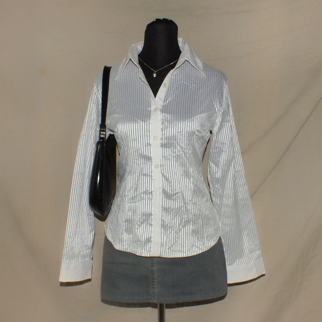 Stripped collared satin type long sleeves (S)