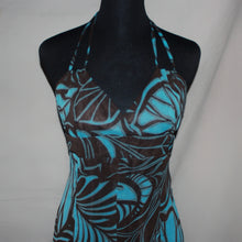 Load image into Gallery viewer, Floral patterned teal/brown halter midi dress (S)
