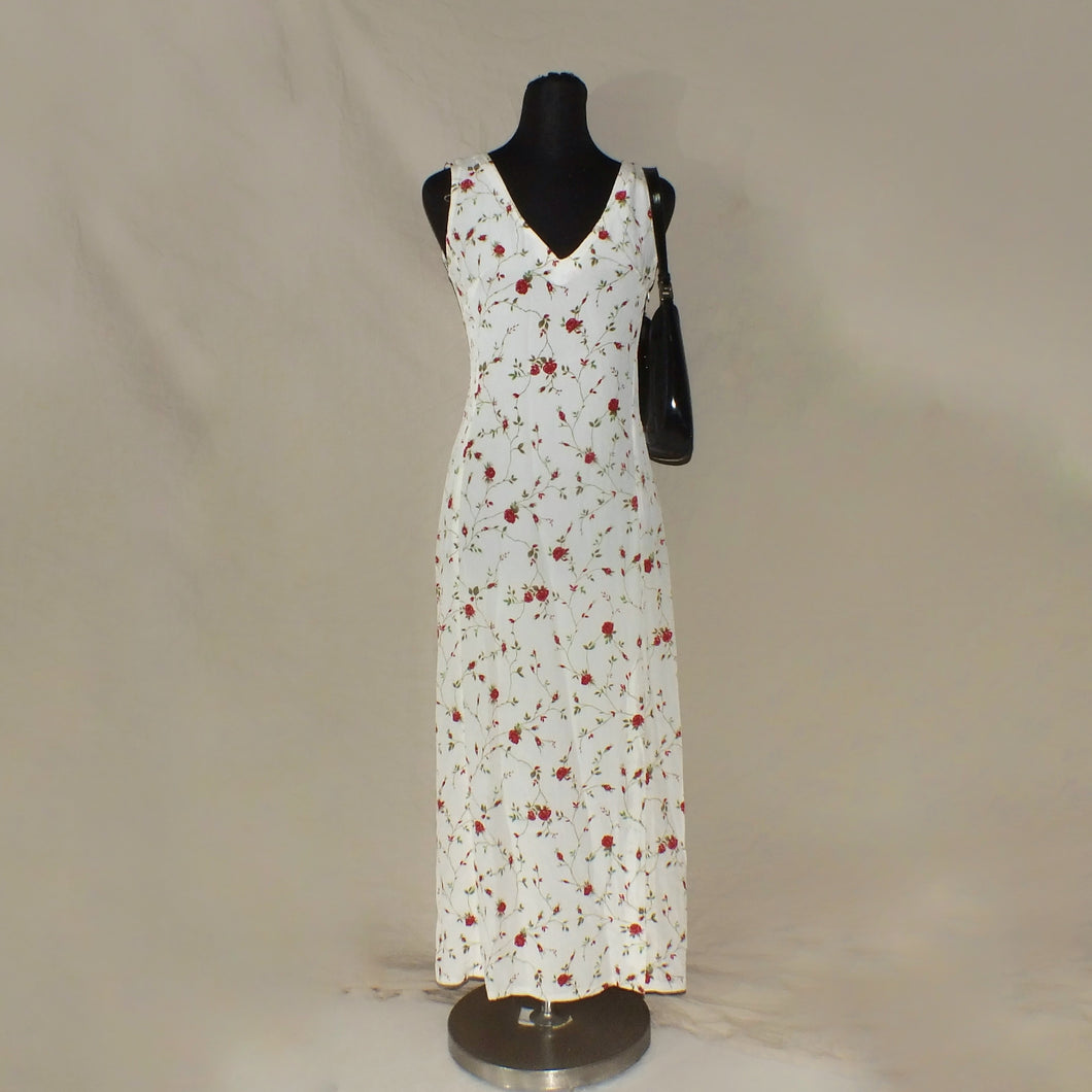 White floral v-cut slit midi dress (S)