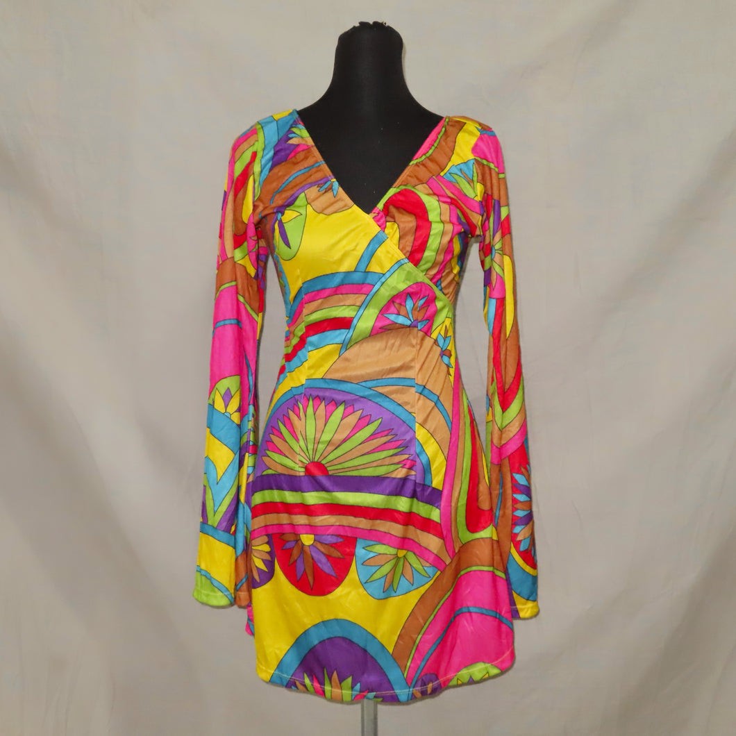 Boho patterned flared bright midi dress (S)