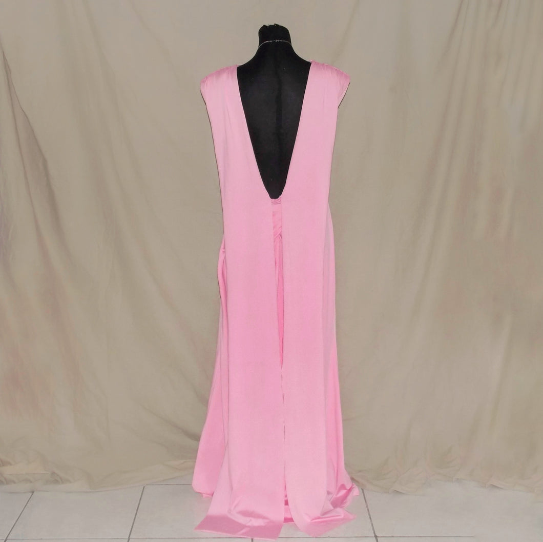 Pink deep v back maxi dress with long drape (L)