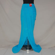 Load image into Gallery viewer, Teal blue buttoned design flared denim long skirt (XS)
