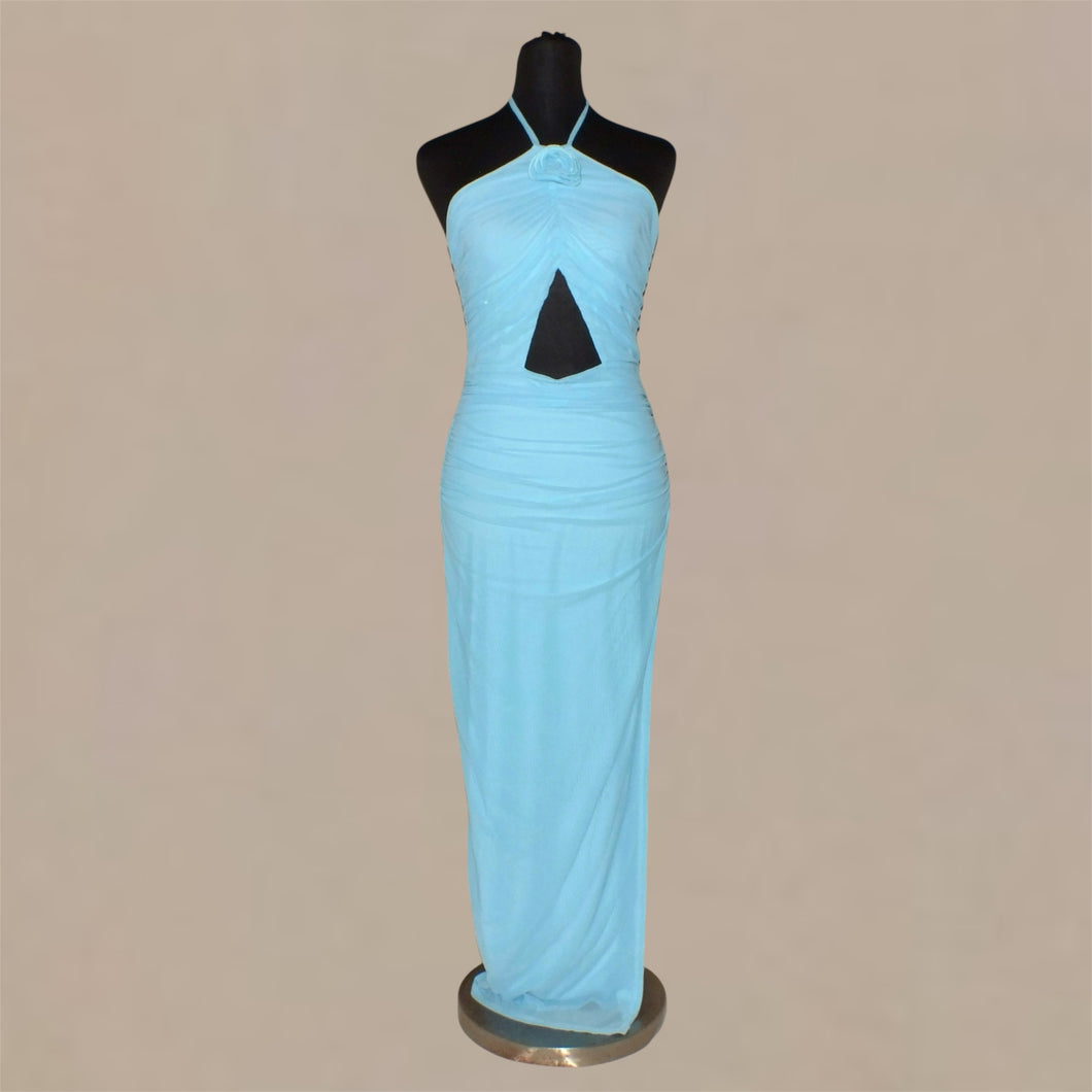 Halter floral baby blue ruched slip dress (S)