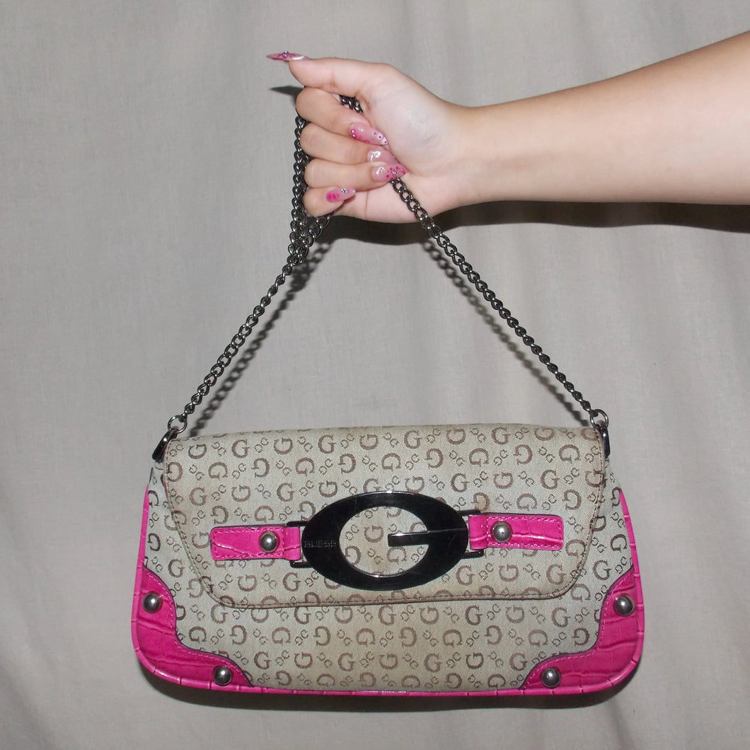 Vintage Guess pink monogram long chained strap bag