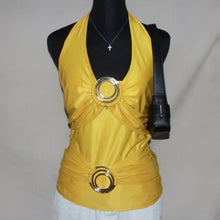 Load image into Gallery viewer, Mustard yellow Y2K asymmetrical halter top (S)
