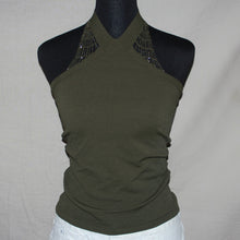 Load image into Gallery viewer, Military green halter w/ bedazzled back pattern (S)
