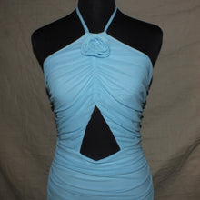 Load image into Gallery viewer, Halter floral baby blue ruched slip dress (S)
