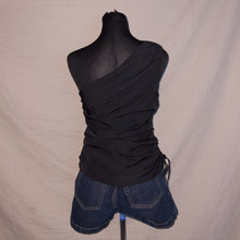 Load image into Gallery viewer, Ruffled asymmetrical off-shoulder black ruched top (L)
