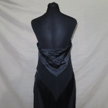 Load image into Gallery viewer, Black satin type asymmetrical patterned long halter dress (M)
