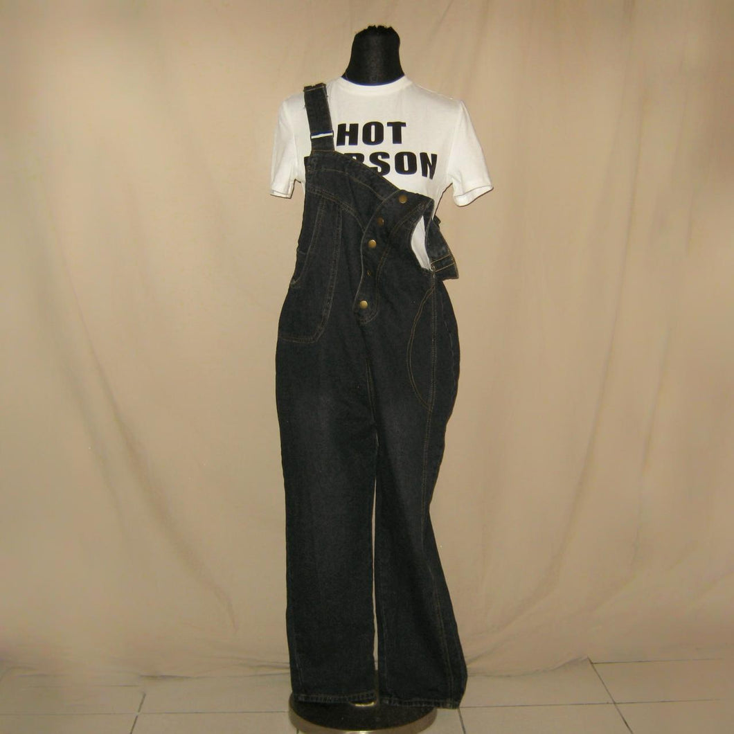Dark denim asymmetrical button up overalls (XL)